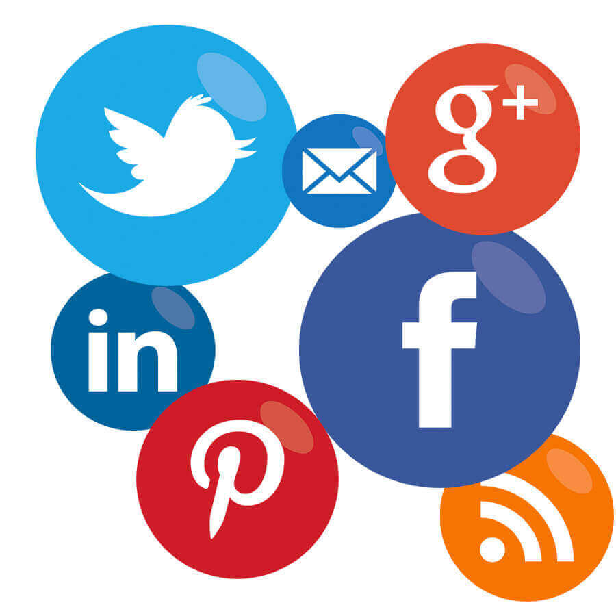 The logos of the most popular social media like Facebook, Linked In, Twitter, Pinterest, and Google+ and email and RSS logos representing the concept of multichannel marketing.