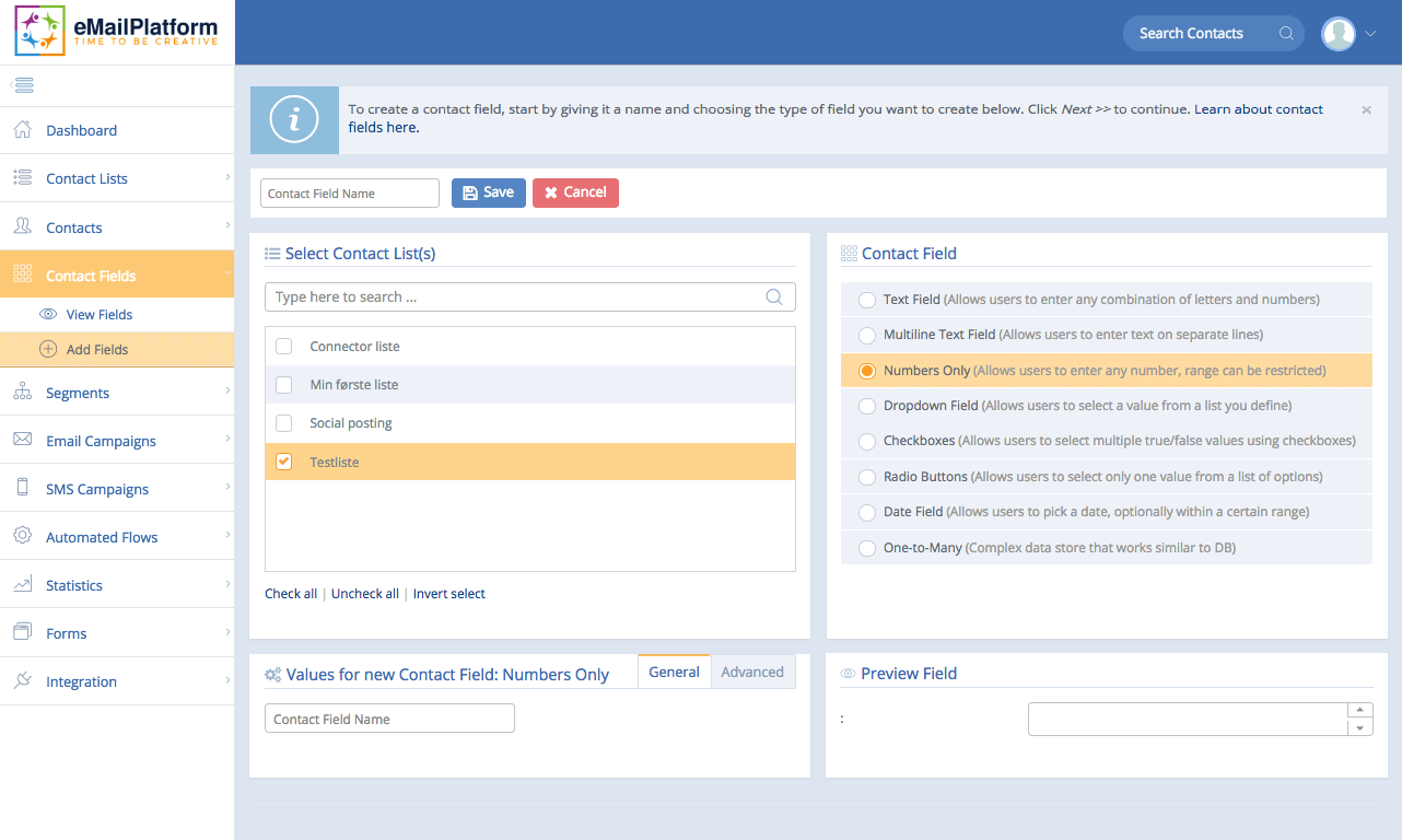 A screenshot from the interface of MarketingPlatform, picturing the instructions to Add a Number Field.