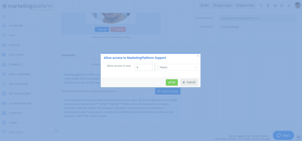 A screenshot from the interface of MarketingPlatform picturing the instructions for using My account.