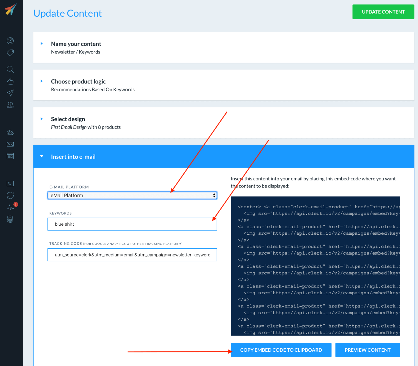 A screenshot from the interface of clerk.io, picturing the instructions to integrate clerk.io with MarketingPlatform.