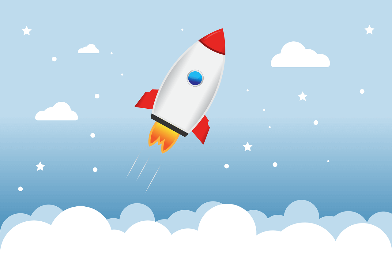 A rocket flying above the clouds on a blue sky with stars representing effective KPI metrics for email content marketing.