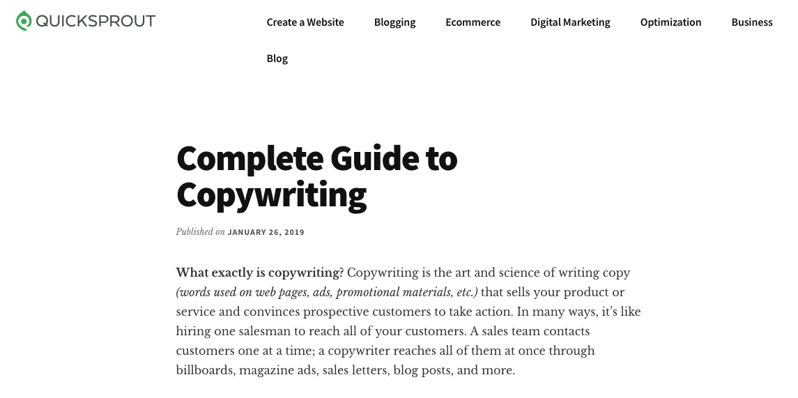 An example of long form content from Quicksprout who created an exhaustive guide named “Complete Guide to Copywriting”.