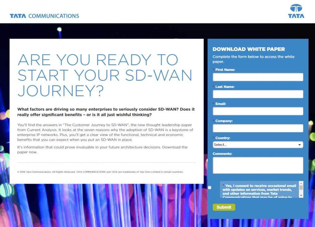 An example of sign-up landing page for White Paper as content type in communication strategy from Tata Communications.