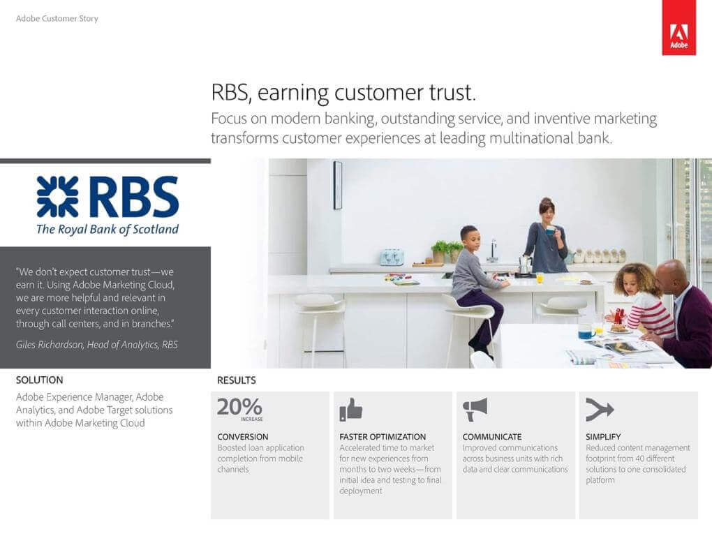 An example of case study as content type in communication strategy from Adobe and Royal Bank of Scotland.