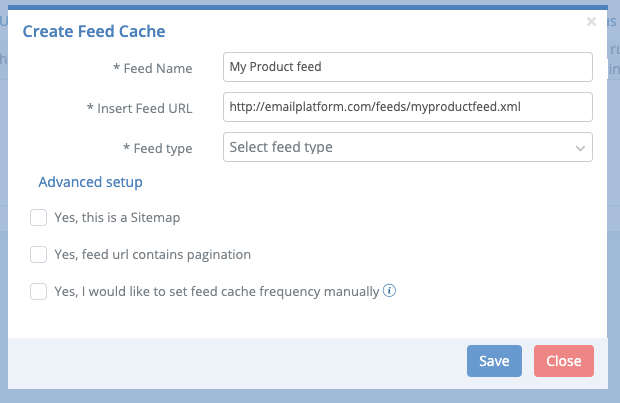 A screenshot from the interface of MarketingPlatform, picturing the instructions to use Feed Cache.