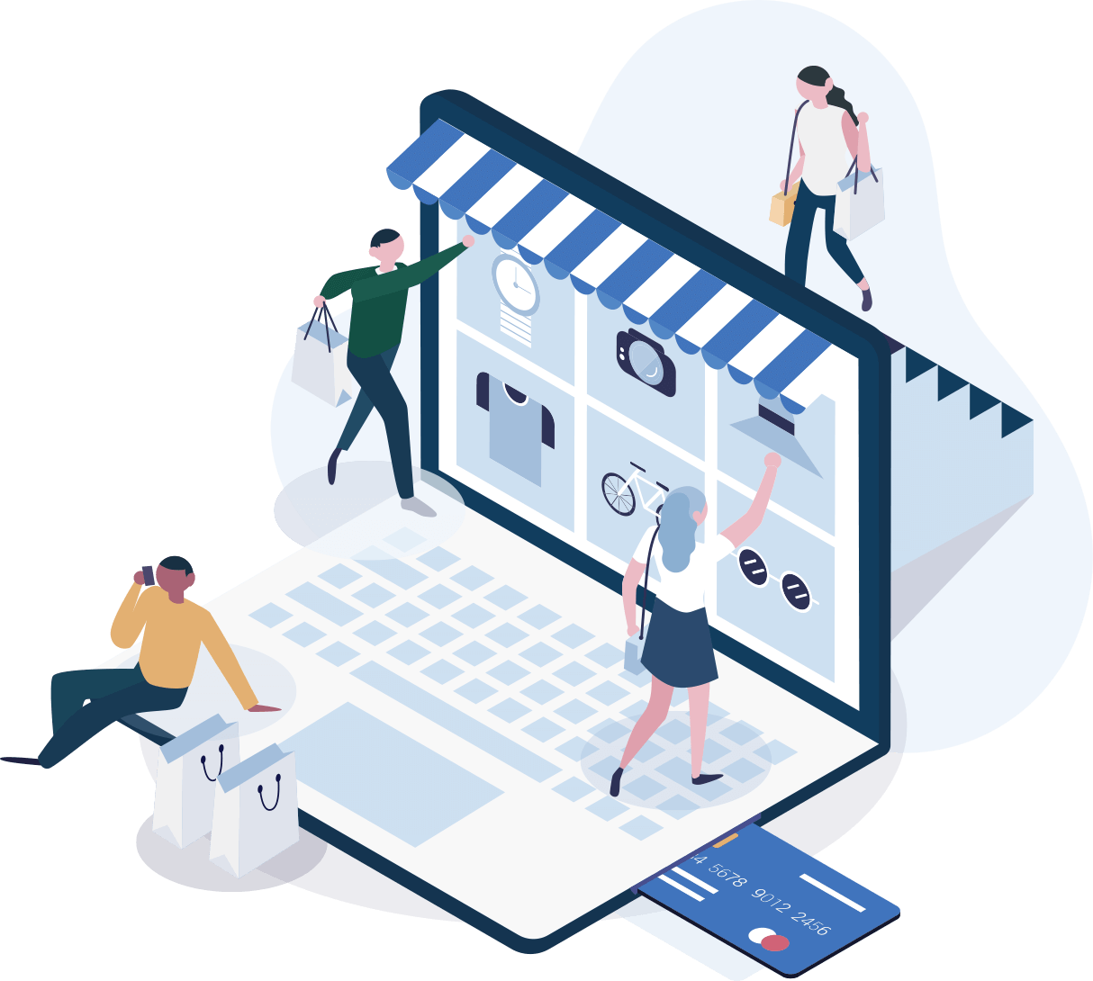 A graphic illustration of a laptop that looks like a shop representing the omnichannel features when building an automated flow in MarketingPlatform.