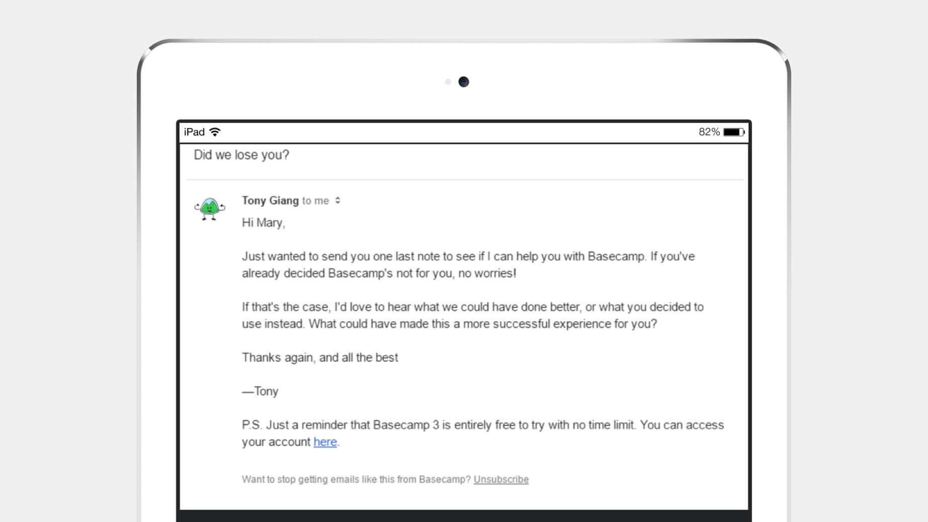 An example of creative email campaign sent to lost customers to win them back for Basecamp.