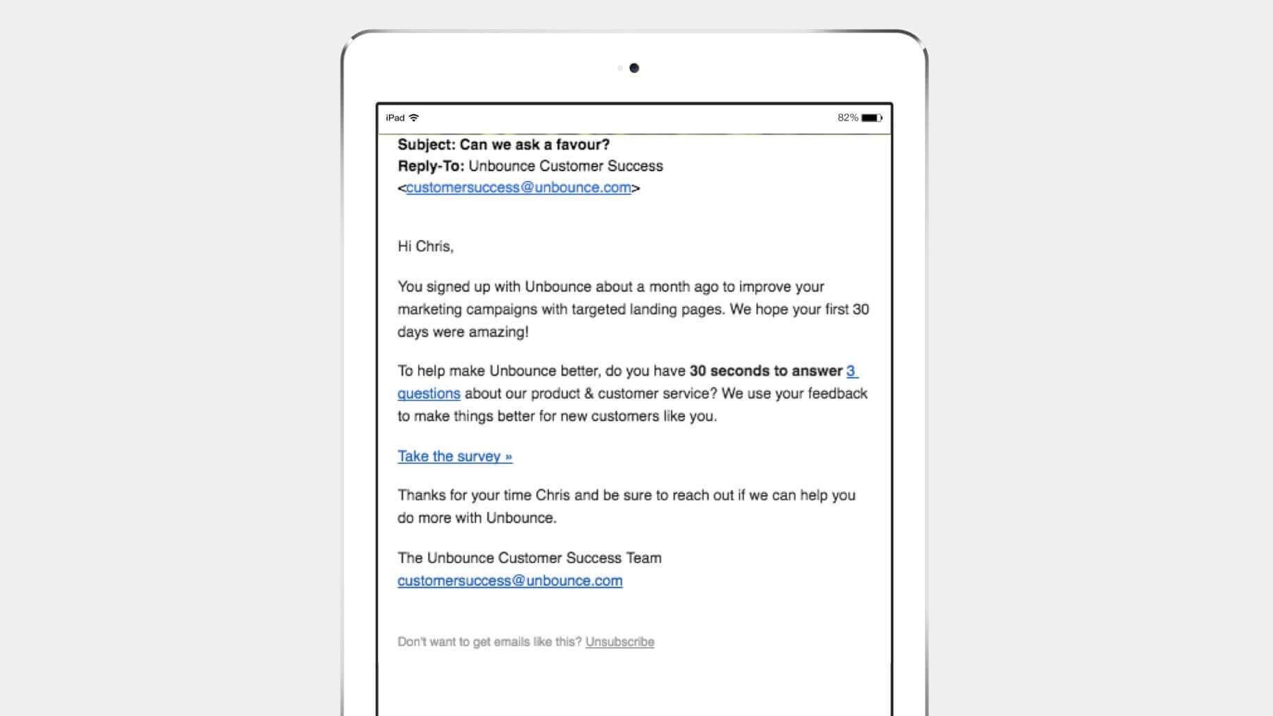 An example of creative email campaign sent to nudge the customer to reengage with the brand for Unbounce.