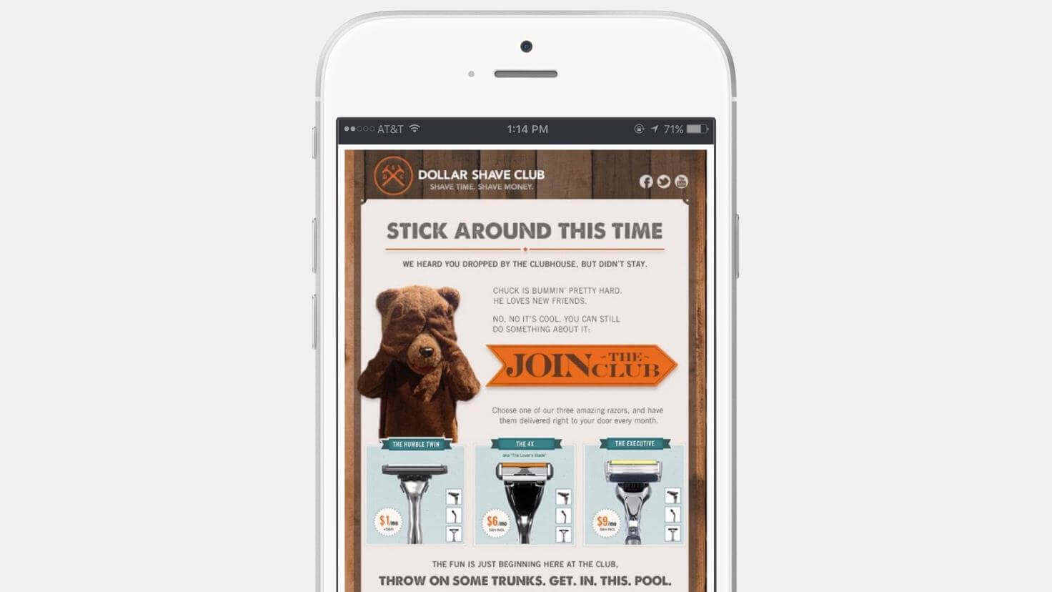 An example of a creative email campaign sent to win-back customers for  Dollar Shave Club.