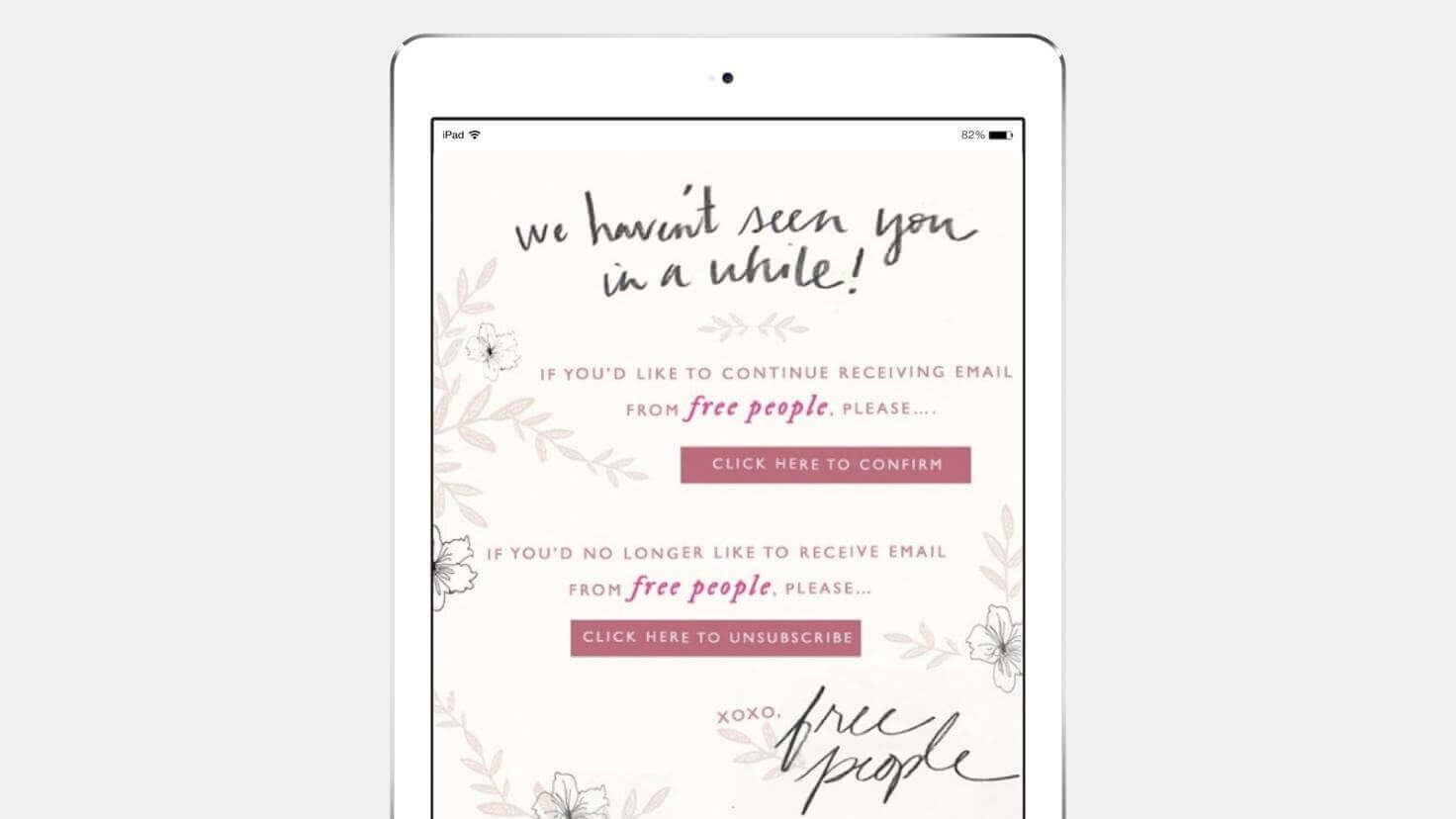 An example from Free People of a creative email marketing campaign sent to win-back customers.