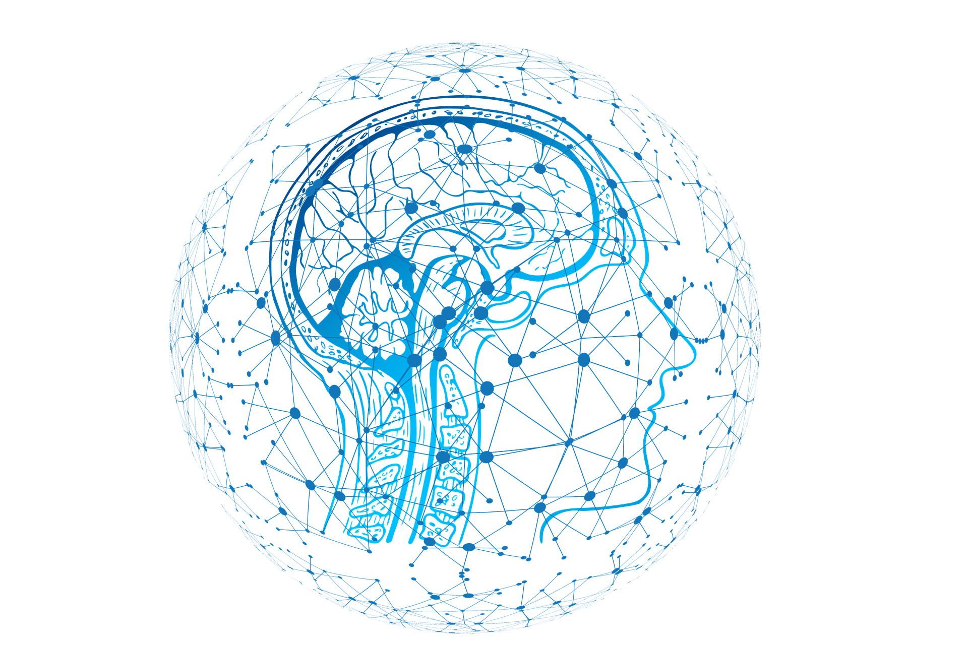 Digital network constructed by connected dots that form a globe around a human head silhouette representing artificial intelligence