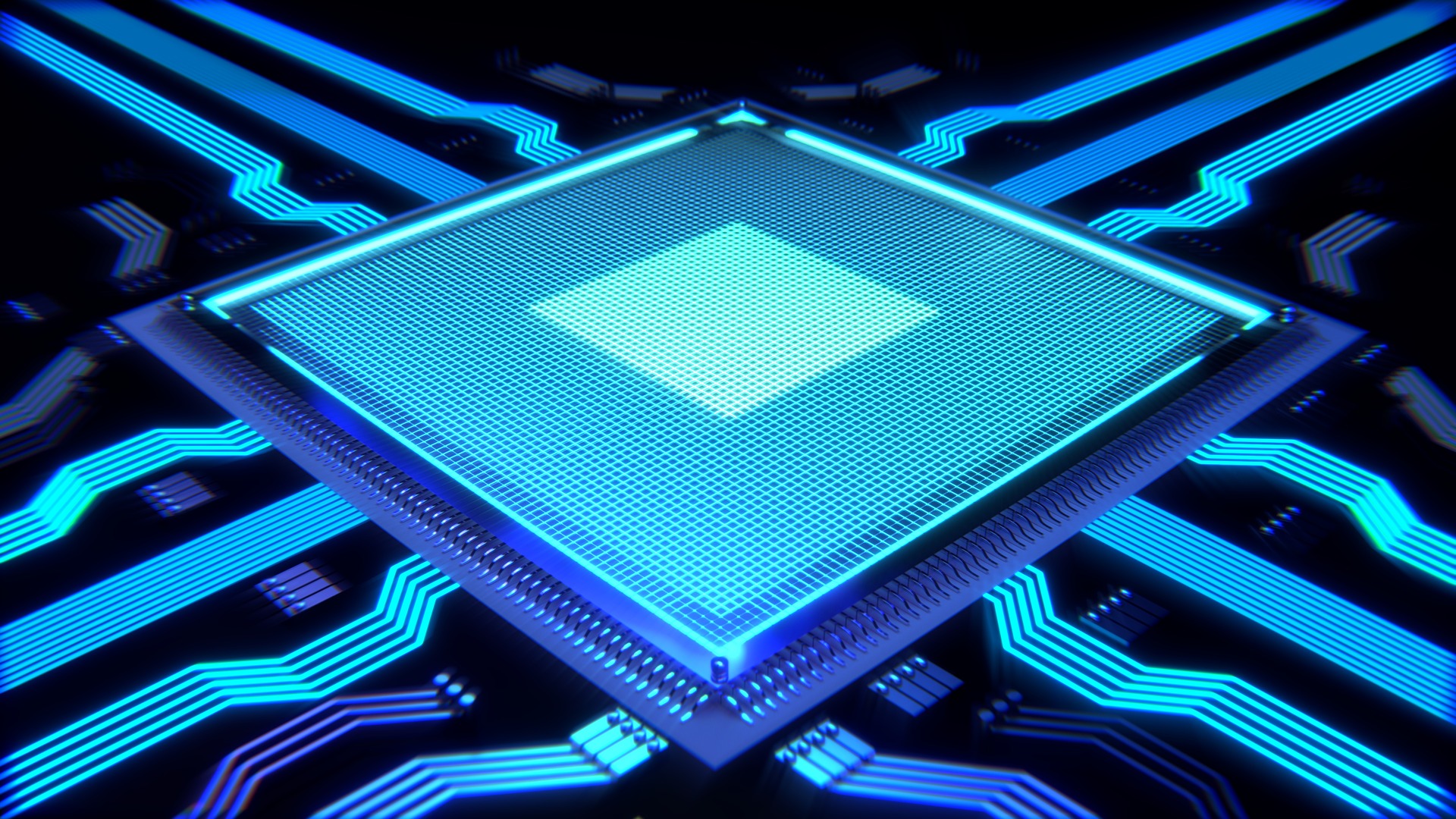 Computer chip connected with wires from all sides representing AI processor