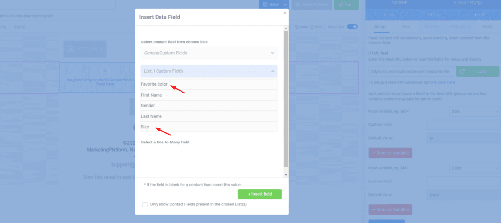 A screenshot from the interface of MarketingPlatform picturing the instructions for using feeds in email campaigns.