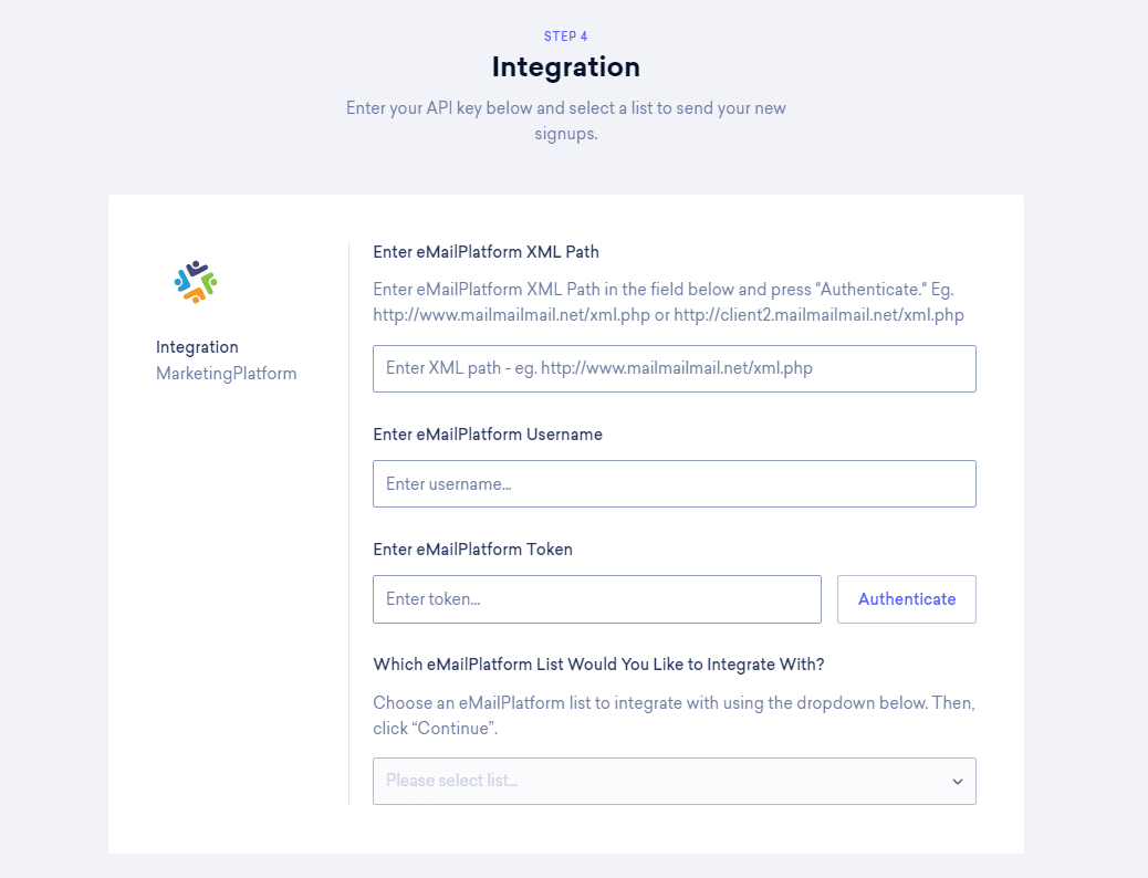 A screenshot from the interface of Sleeknote, picturing the instructions to Integrate Sleeknote with MarketingPlatform.