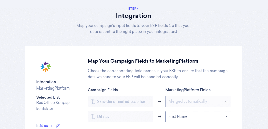 A screenshot from the interface of Sleeknote, picturing the instructions to Integrate Sleeknote with MarketingPlatform.