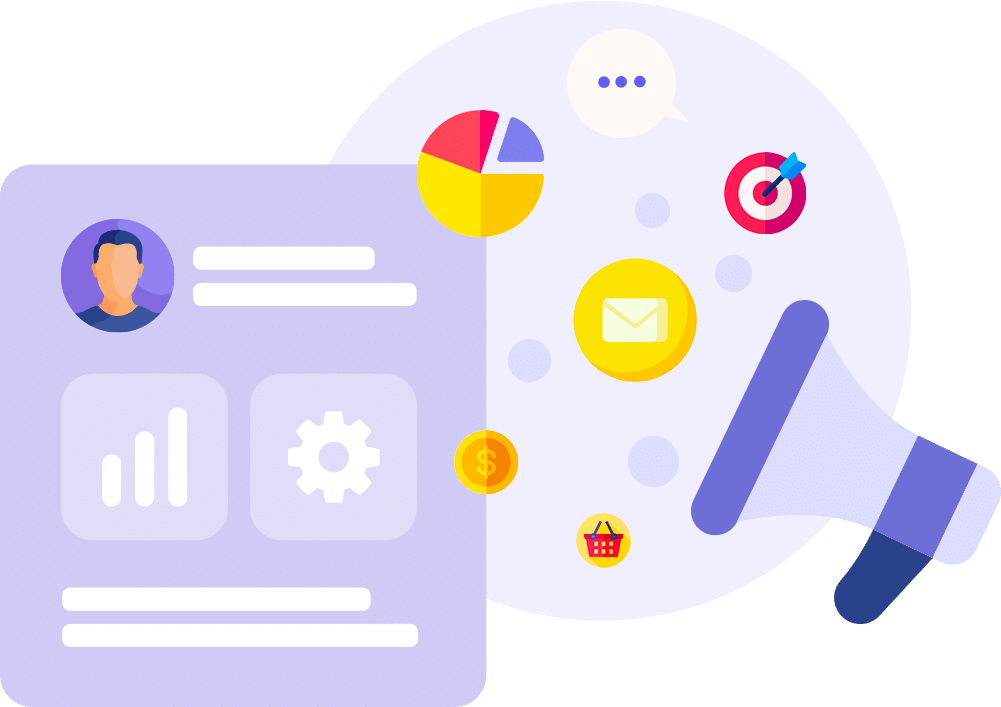 Around are many items such as a pie chart, email, target and arrow, shopping card, dollar coin, loudspeaker, and customer data. This shows that the marketing automation process is complex and uses different sources of data to personalize communication with the targeted audience.