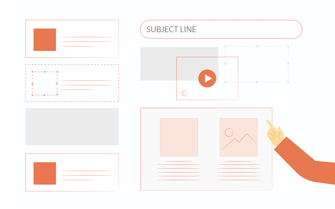 A graphical illustration that shows how an email newsletter marketing campaign is made in MarketingPlatform with a hand that points to the subject line.