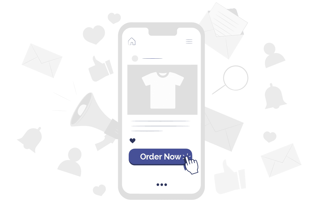 A hand-shaped cursor clicking on a call-to-action button that says "order now" is set in a webshop in mobile view.