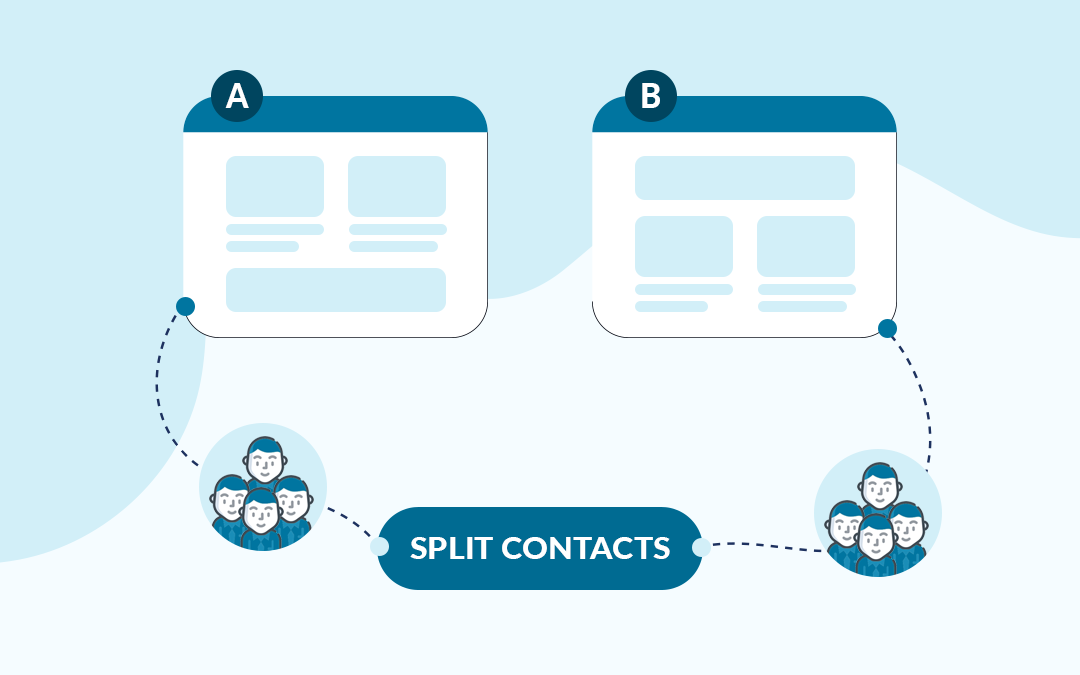 Split test performed in B2B email marketing campaign graphically represented by two emails sends to two different people groups.