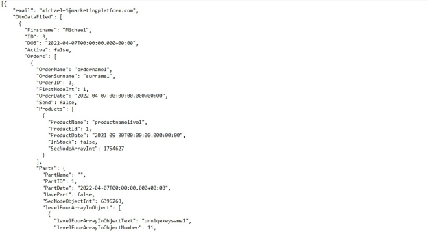 A screenshot from the interface of MarketingPlatform picturing the instructions for using a One-to-Many JSON integration via FTP.