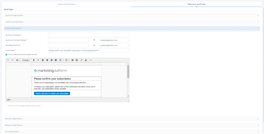 A screenshot from the interface of MarketingPlatform picturing the instructions for using a Confirmation Form.