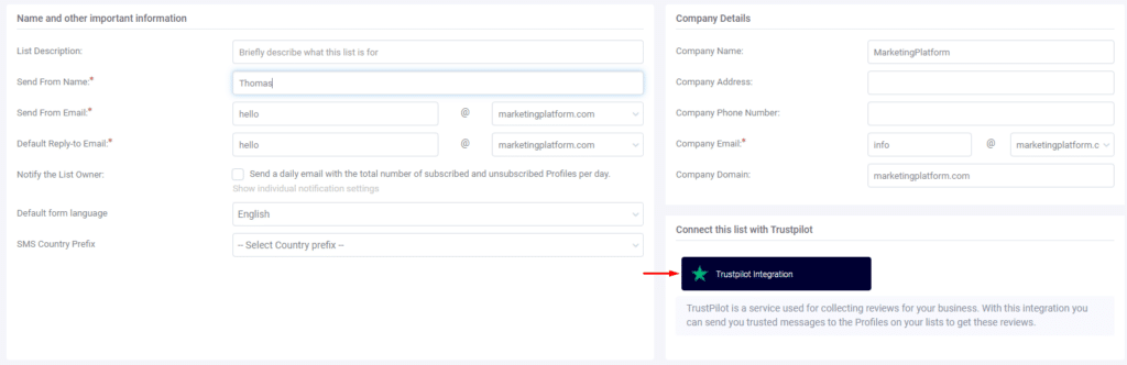 A screenshot from the interface of MarketingPlatform picturing the instructions for integrating with Trustpilot.