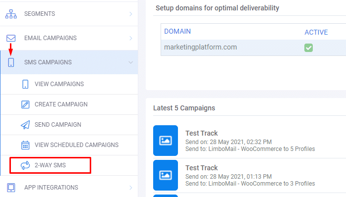 A screenshot from the interface of MarketingPlatform picturing the instructions for creating a 2-way SMS.