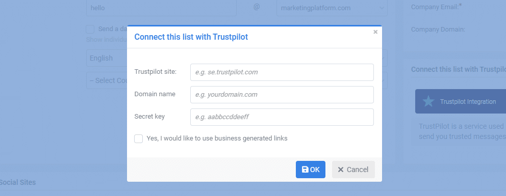 A screenshot from the interface of MarketingPlatform picturing the instructions for integrating with Trustpilot.