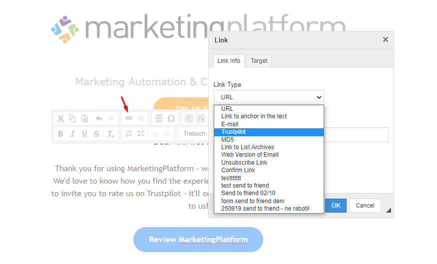 A screenshot from the interface of MarketingPlatform picturing the instructions for integrating with Trustpilot.