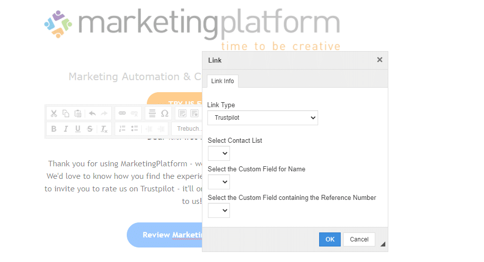 A screenshot from the interface of MarketingPlatform picturing the instructions for integrating with Trustpilot.