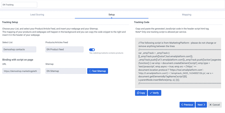 A screenshot from the interface of MarketingPlatform picturing the instructions for setting up tracking.