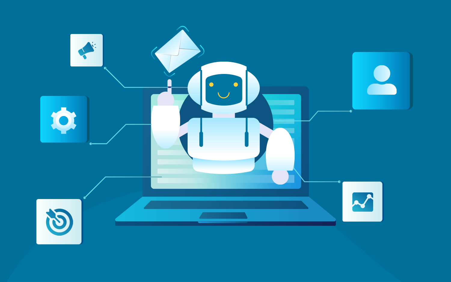 En hvid robot, der kommer ud af en bærbar computer, gør noget arbejde som at optimere ai genereret email marketing content.