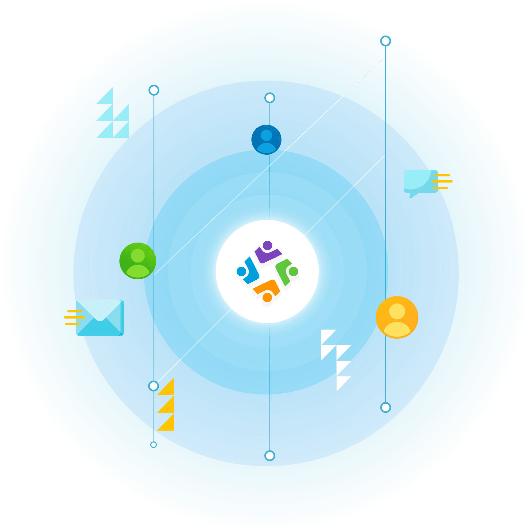 The logo of MarketingPlatform surrounded by graphic elements that represent emails and customer profiles.