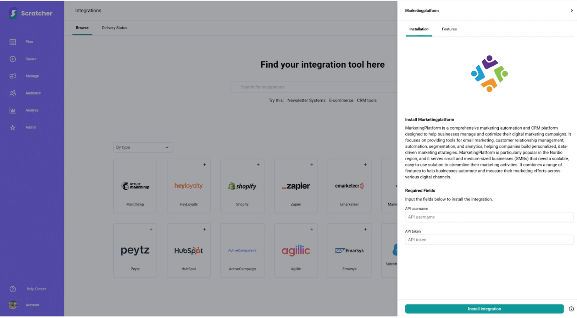sctratcher.io integration with MarketingPlatform A screenshot from the interface of Sleeknote, picturing the instructions to Integrate Sleeknote with MarketingPlatform.